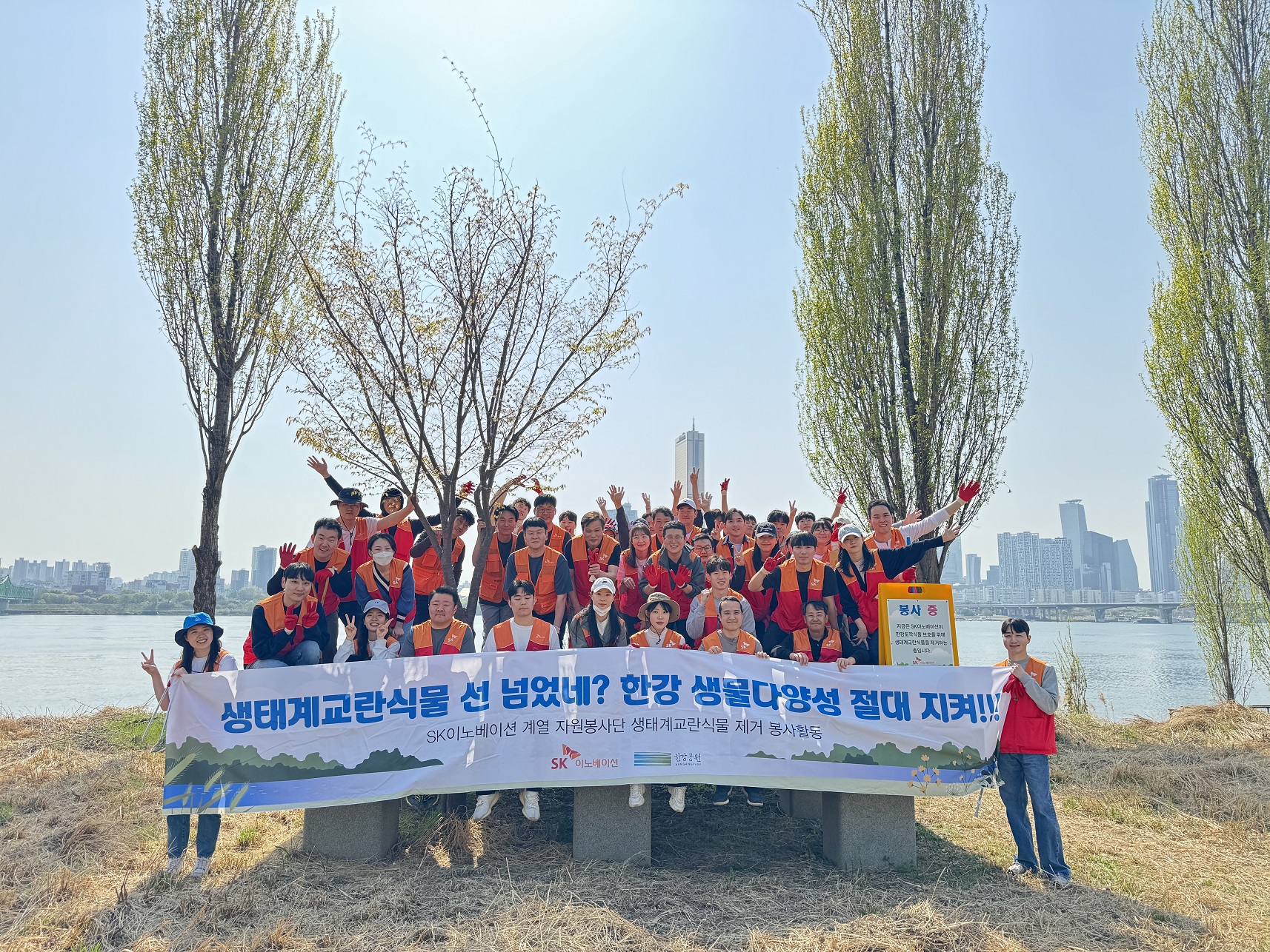 SK이노베이션 계열 구성원들이 서울 용산구 이촌한강공원에서 생태교란식물 제거 작업에 참여했다.